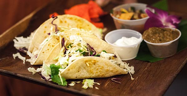 Volcanic Fish Tacos and house made tropical salsa at CJs restaurant Kaanapali on Maui.