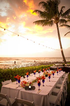 A beachfront catered wedding reception on Maui.