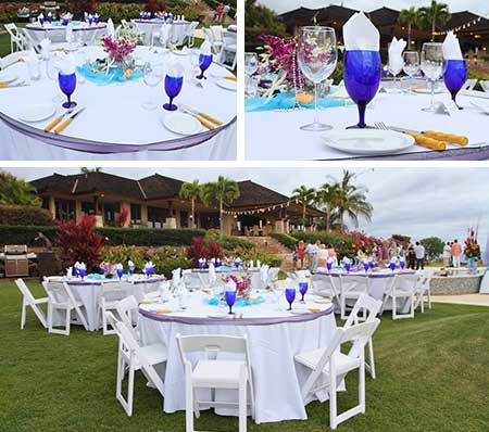 Wedding reception catering on Maui with tables, chairs and linen rentals.