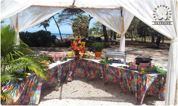 Outdoor kitchen under bamboo chuppa at Olowalu plantion house event venue in West Maui.