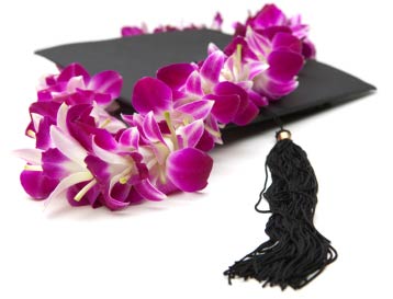 Fresh flower orchid lei on Graduation cap.