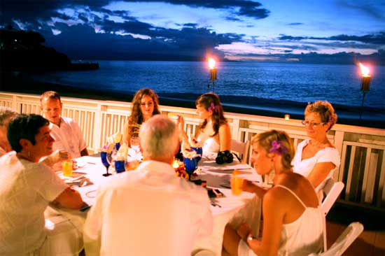A Kaanapali beach wedding reception with catering at the Outrigger Eldorado Cabana.