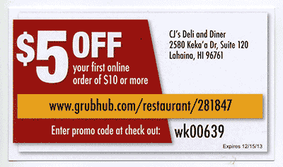 GrubHub 5 dollar promo card sideA Oct 2013