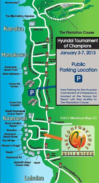West Maui map to parking for the Hyundai Tournament of Champions Golf Tournament (shuttle to Kapalua).