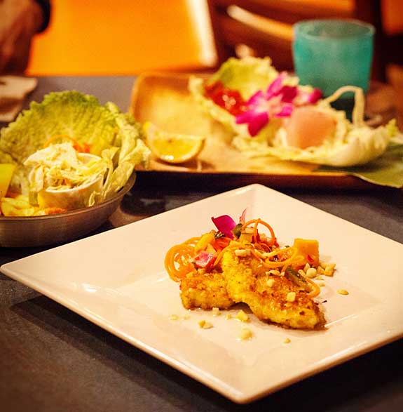 Sauteed lightly crusted with Mac nuts and served with a Kula salad of upcountry garden greens and house made Miso Vinaigrette dressing