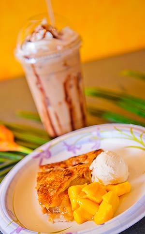 Homemade apple-mango pie on Maui served ala mode style with a chocolate milkshake.