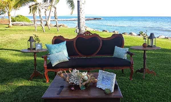 Wedding equipment rentals on Maui include a sofa and furniture.