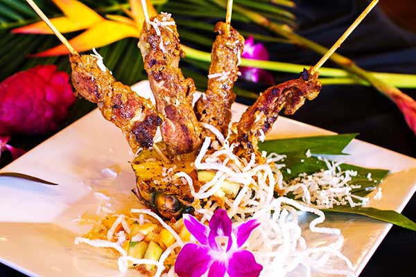 Thai chicken skewers appetizer prepared for a Maui private chef dinner.