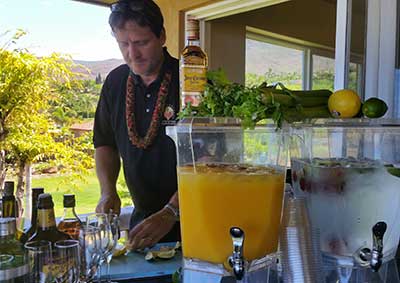 Maui chef Jorgensen preparing the wedding brunch cocktail setups.