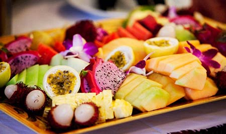 A tropical fresh fruit platter for dessert at catered wedding in Kaanapali.